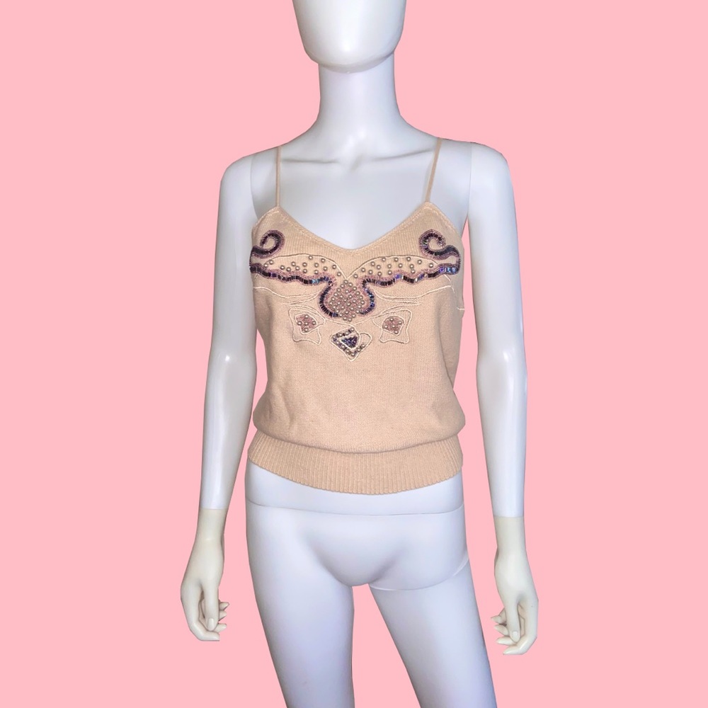 Vintage Beige Embellished Spaghetti Strap Tank Top